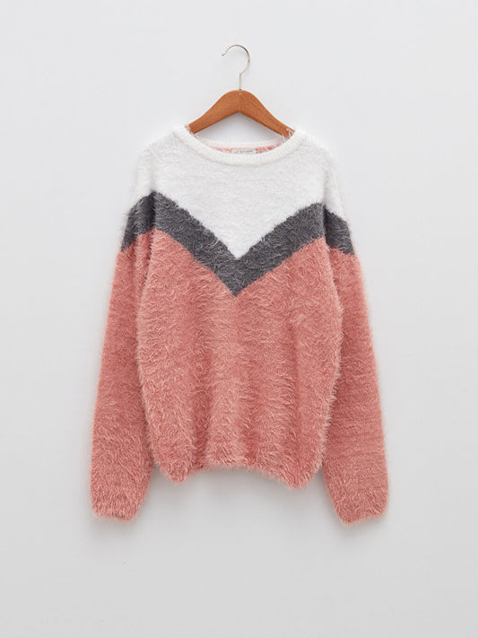 Crew Neck Color Blocked Long Sleeve Girl's Knitwear Sweater