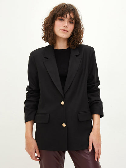 Front Button Closure Plain Long Sleeve Gabardine Fabric Women's Jacket