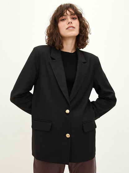 Front Button Closure Plain Long Sleeve Gabardine Fabric Women's Jacket