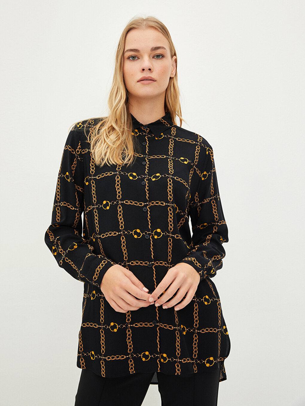 Front Button Closure Patterned Long Sleeve Viscose Women's Shirt