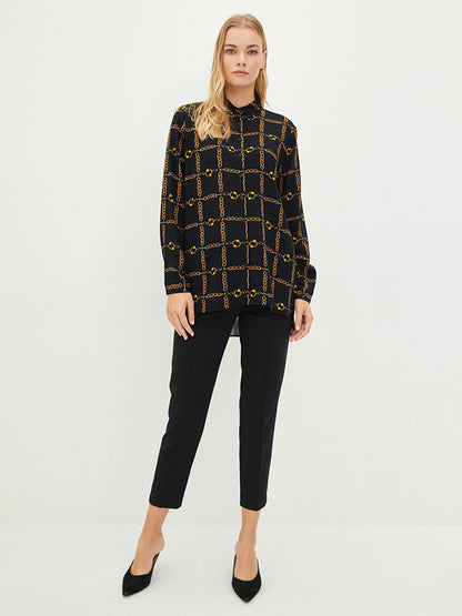 Front Button Closure Patterned Long Sleeve Viscose Women's Shirt