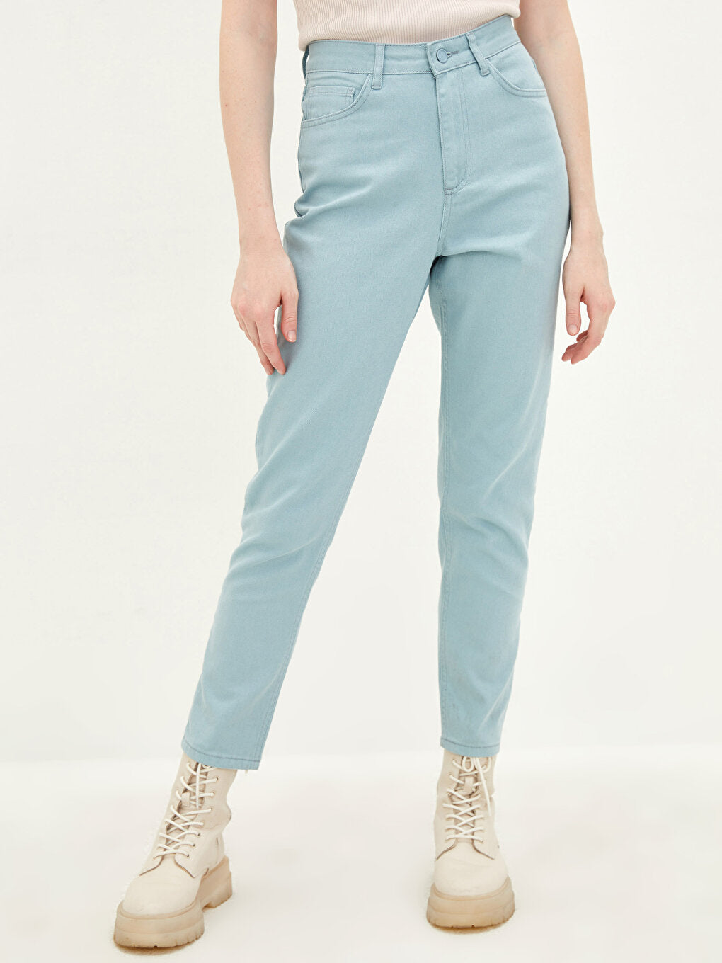 High Waist Mom Fit Women's Jean Trousers with Pocket Detail