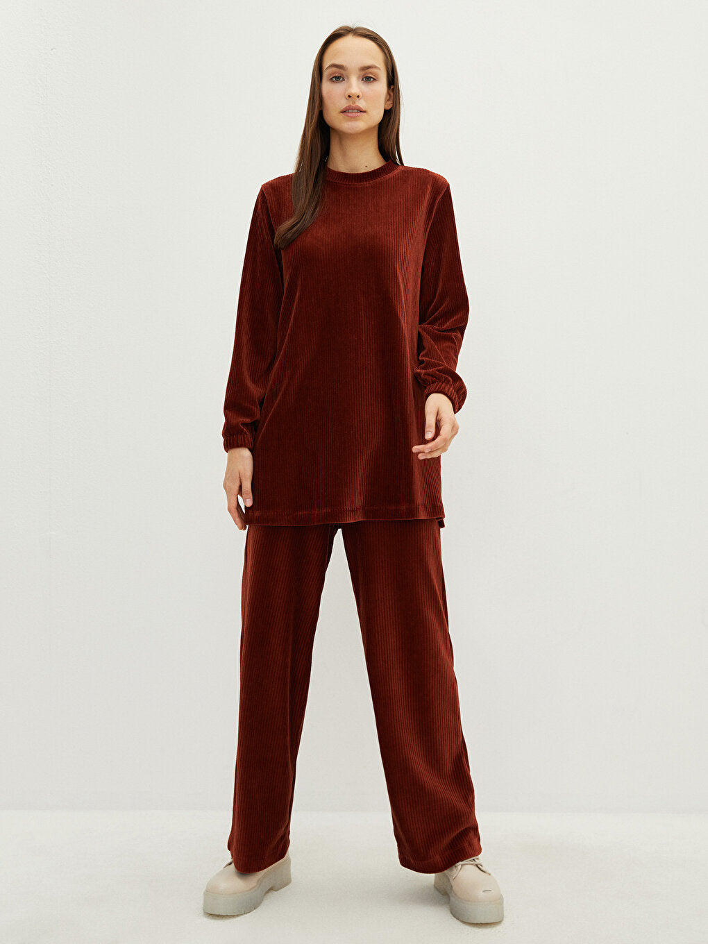 Crew Neck Plain Long Sleeve Velvet Women's Tunic