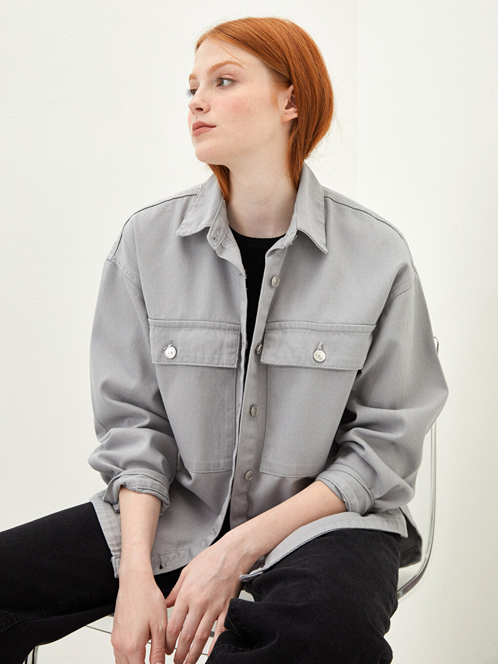 Front Button Closure Plain Pocket Detailed Long Sleeve Women's Jean Shirt Jacket