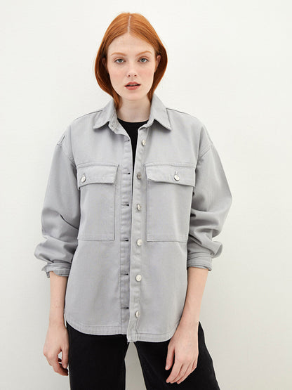 Front Button Closure Plain Pocket Detailed Long Sleeve Women's Jean Shirt Jacket