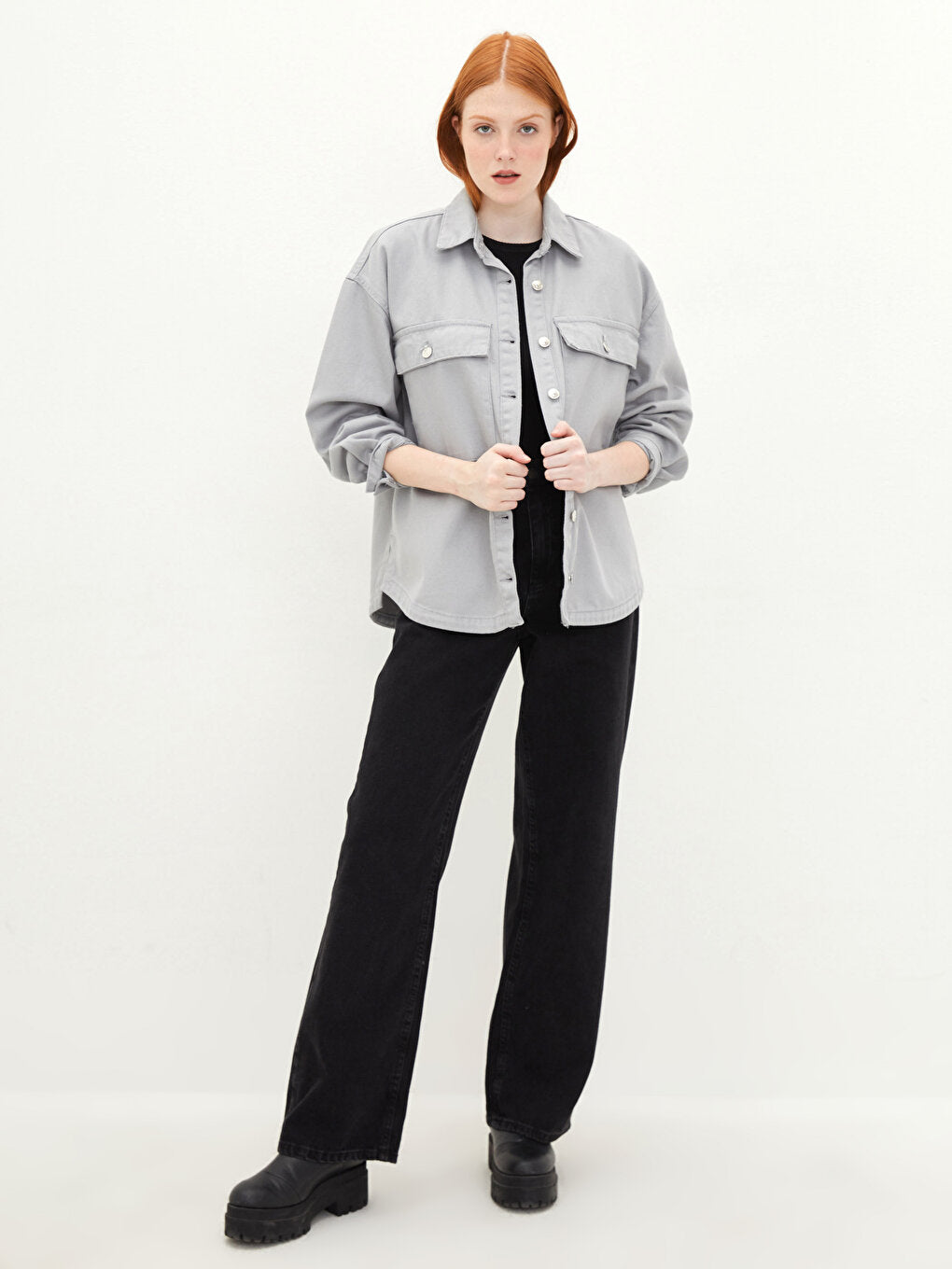 Front Button Closure Plain Pocket Detailed Long Sleeve Women's Jean Shirt Jacket