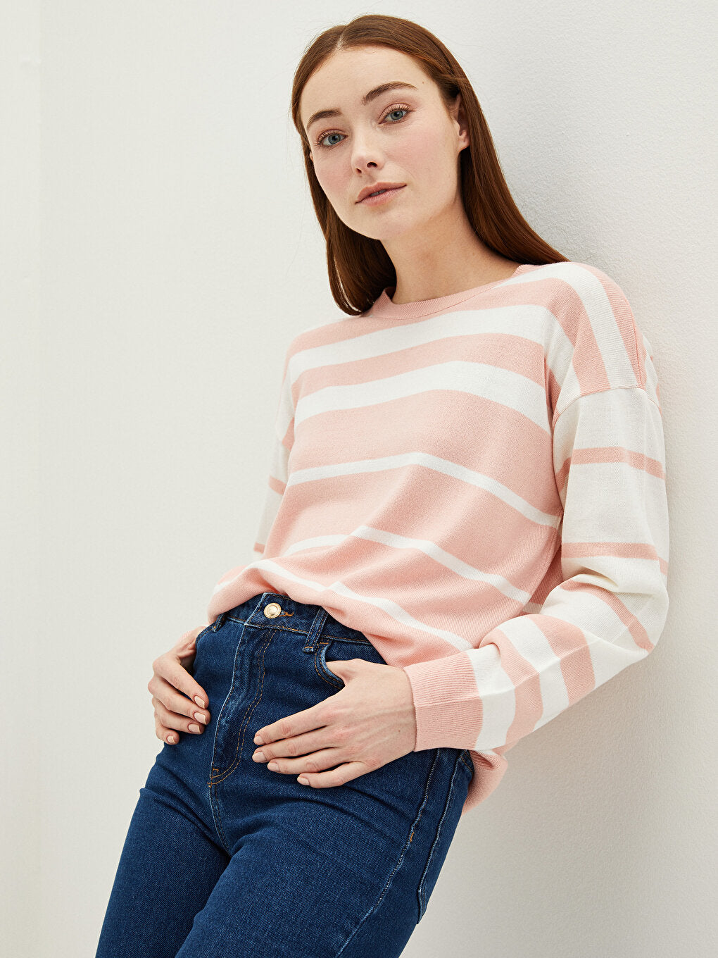 Crew Neck Striped Long Sleeve Women's Knitwear Sweater