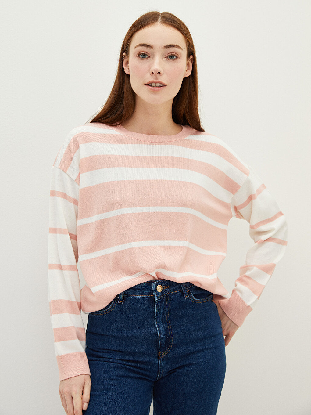 Crew Neck Striped Long Sleeve Women's Knitwear Sweater