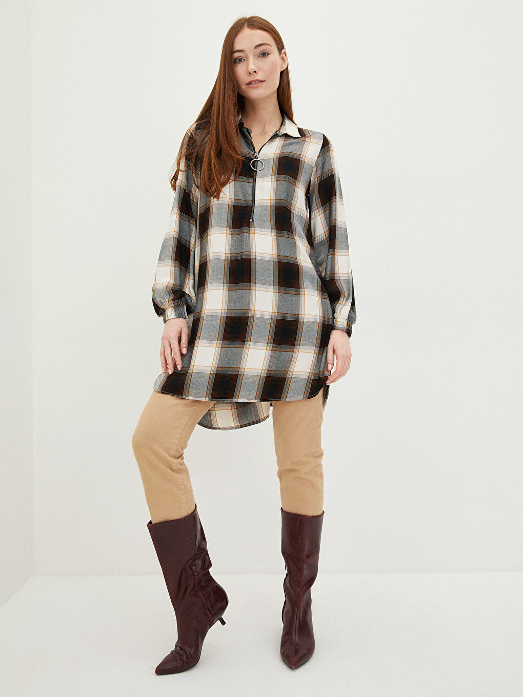 Plaid Long Sleeve Viscose Women's Shirt Tunic