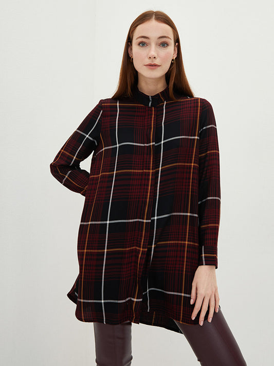 Magnificent Collar Plaid Long Sleeve Viscose Women's Tunic