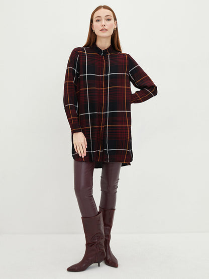 Magnificent Collar Plaid Long Sleeve Viscose Women's Tunic