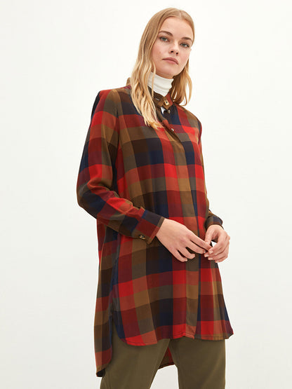 Magnificent Collar Plaid Long Sleeve Viscose Women's Tunic