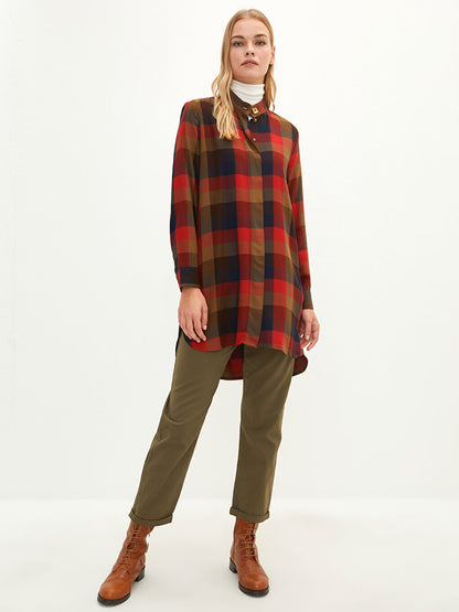 Magnificent Collar Plaid Long Sleeve Viscose Women's Tunic