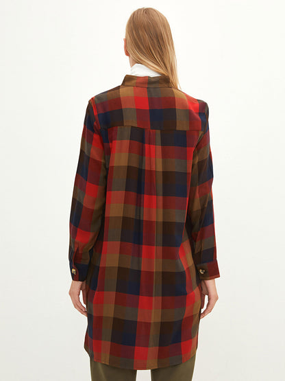 Magnificent Collar Plaid Long Sleeve Viscose Women's Tunic