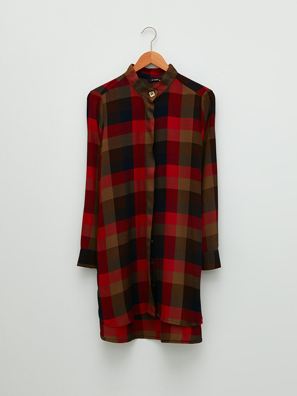 Magnificent Collar Plaid Long Sleeve Viscose Women's Tunic