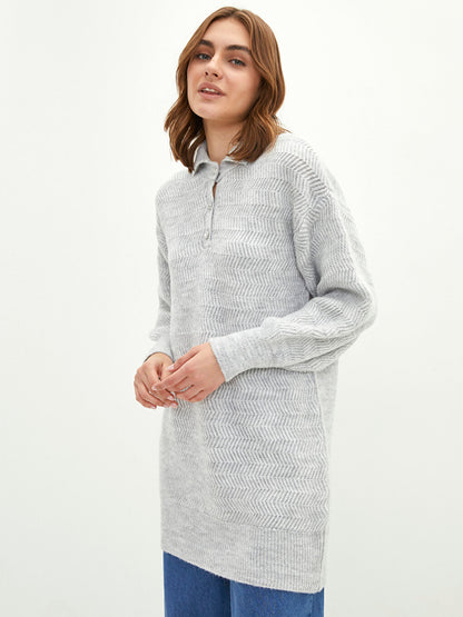 Shirt Collar Self-Patterned Long Sleeve Women's Knitwear Tunic