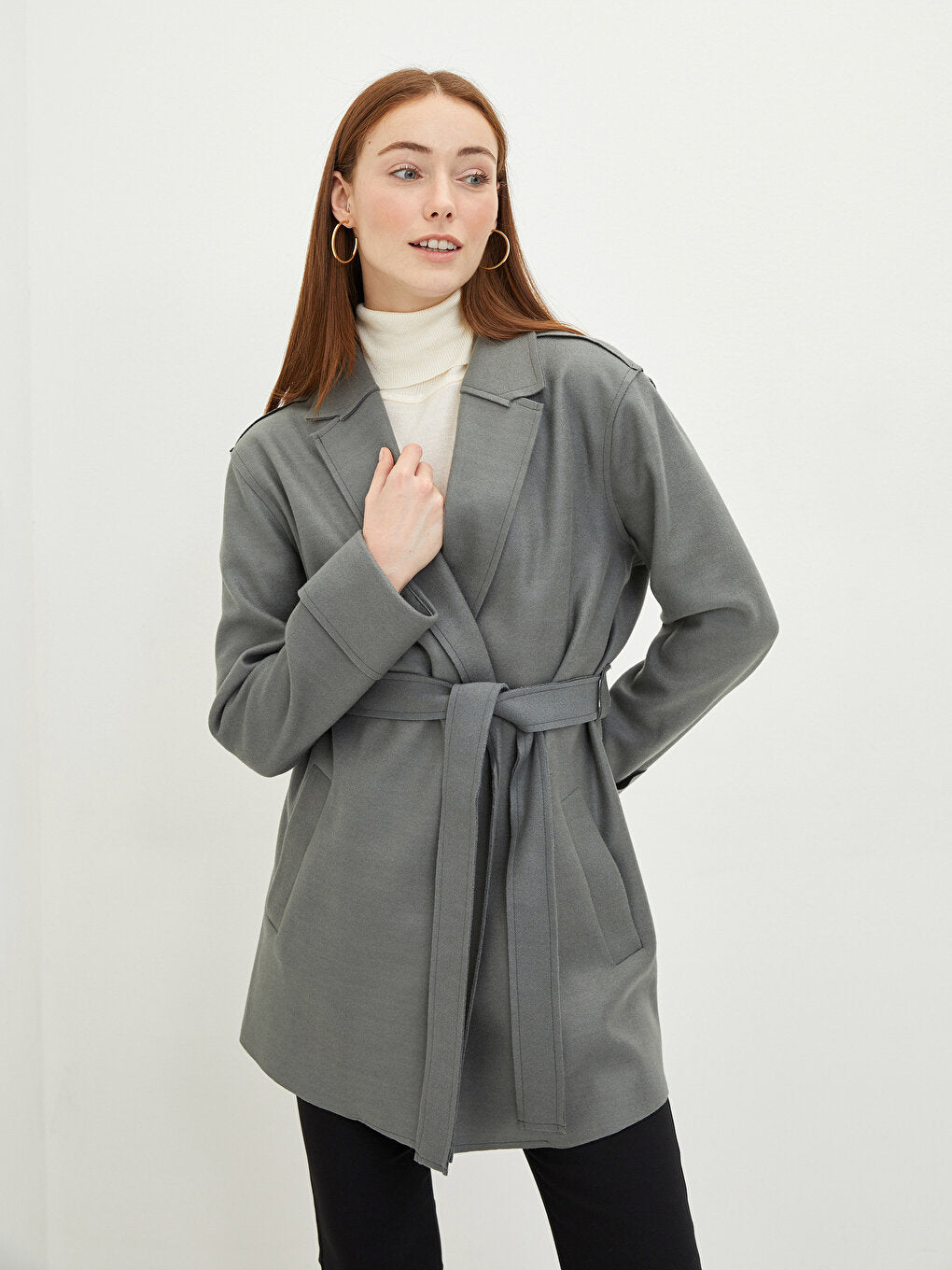 Jacket Collar Flat Waist Belted Pocket Detailed Long Sleeve Slim Women's Cashmere Coat