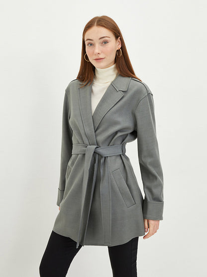 Jacket Collar Flat Waist Belted Pocket Detailed Long Sleeve Slim Women's Cashmere Coat