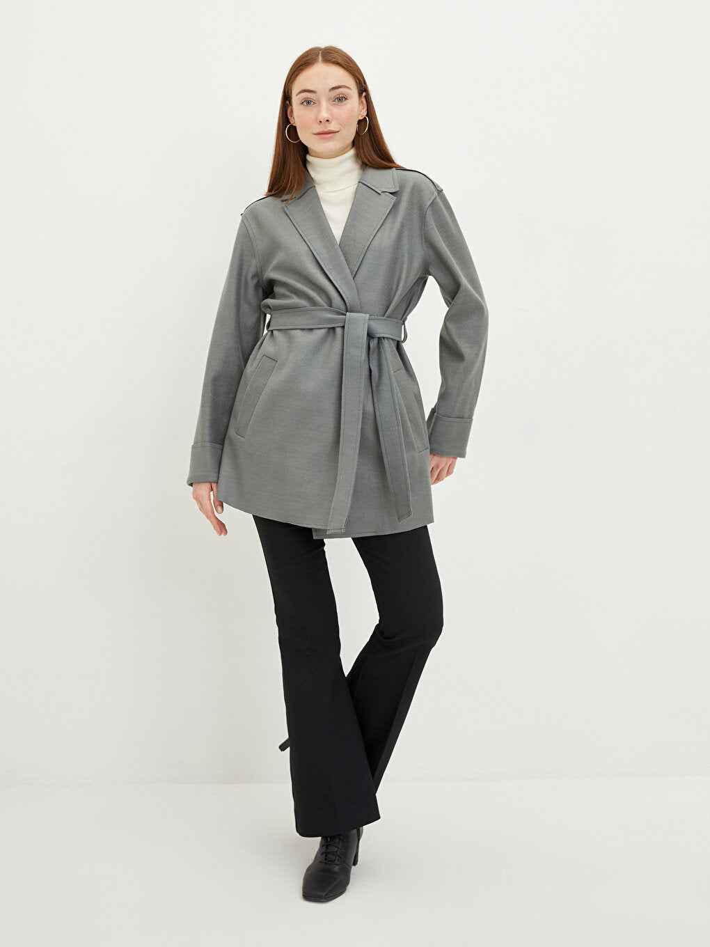 Jacket Collar Flat Waist Belted Pocket Detailed Long Sleeve Slim Women's Cashmere Coat