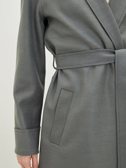 Jacket Collar Flat Waist Belted Pocket Detailed Long Sleeve Slim Women's Cashmere Coat