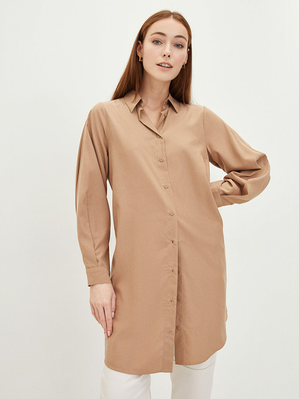 Plain Long Sleeve Poplin Women's Shirt Tunic