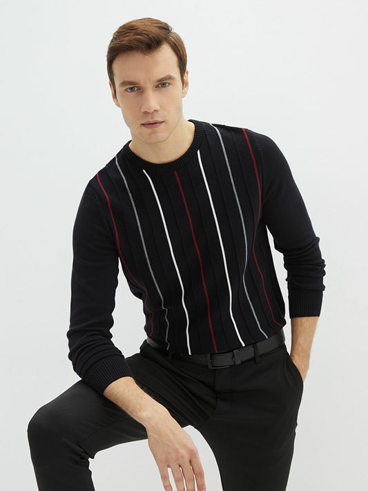 Crew Neck Long Sleeve Striped Men's Knitwear Sweater