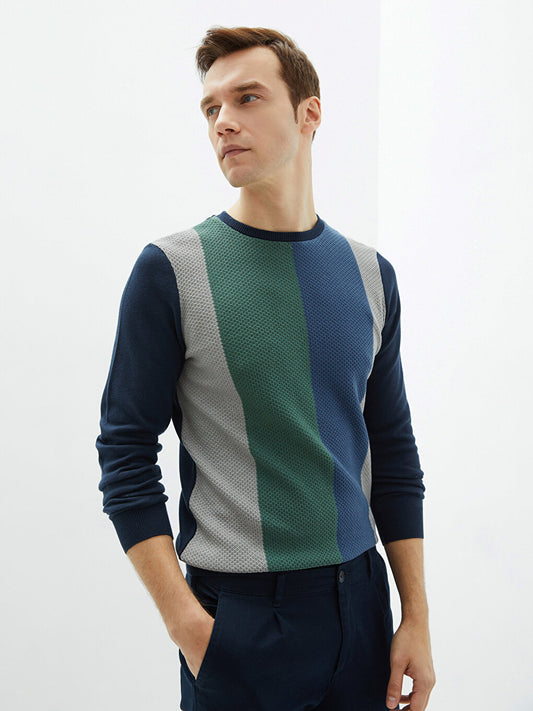 Crew Neck Long Sleeve Color Block Men's Knitwear Sweater