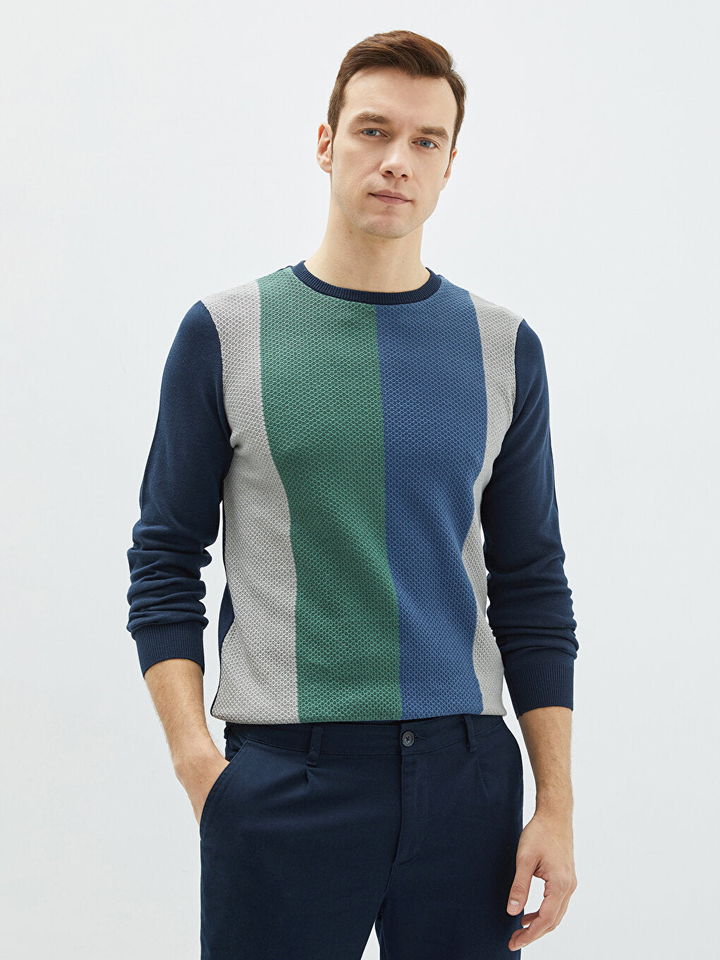 Crew Neck Long Sleeve Color Block Men's Knitwear Sweater