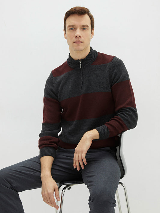 High Collar Long Sleeve Color Block Men's Knitwear Sweater