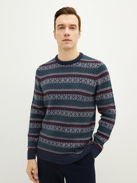 Crew Neck Long Sleeve Patterned Men's Knitwear Sweater