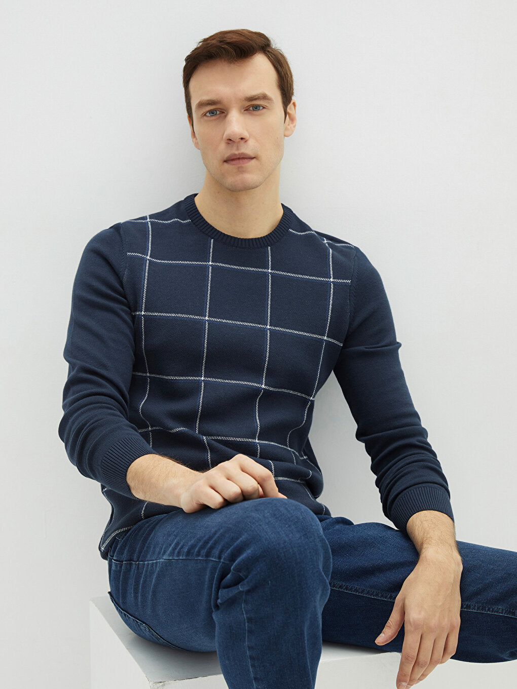 Crew Neck Long Sleeve Striped Men's Knitwear Sweater