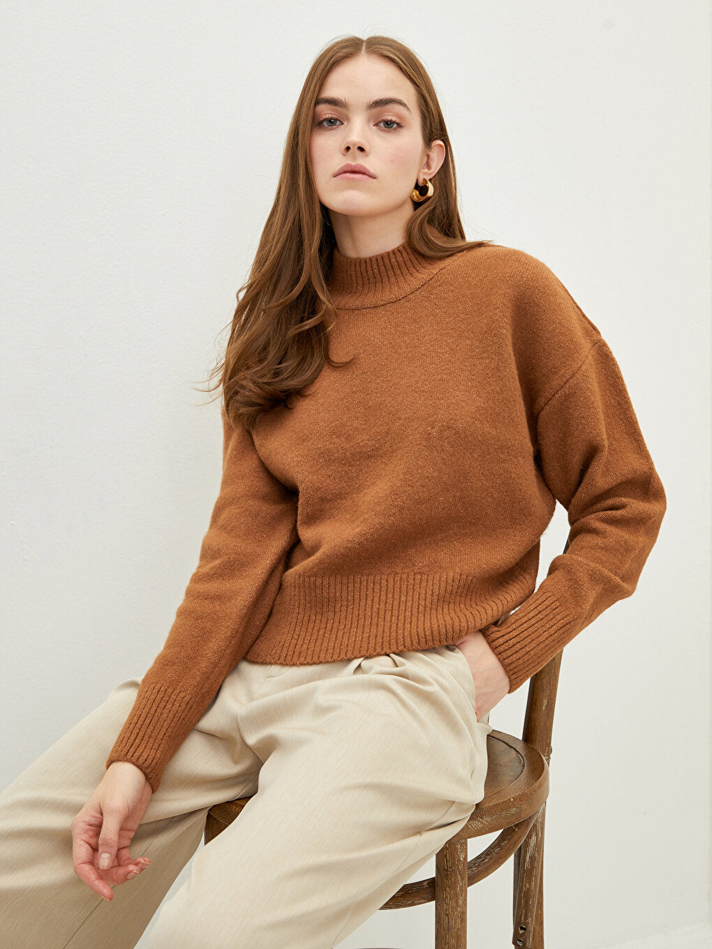 Half Turtleneck Plain Long Sleeve Women's Knitwear Sweater