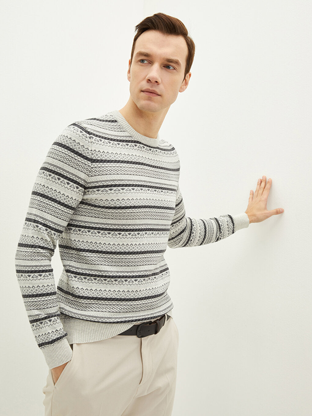 Crew Neck Long Sleeve Patterned Men's Knitwear Sweater