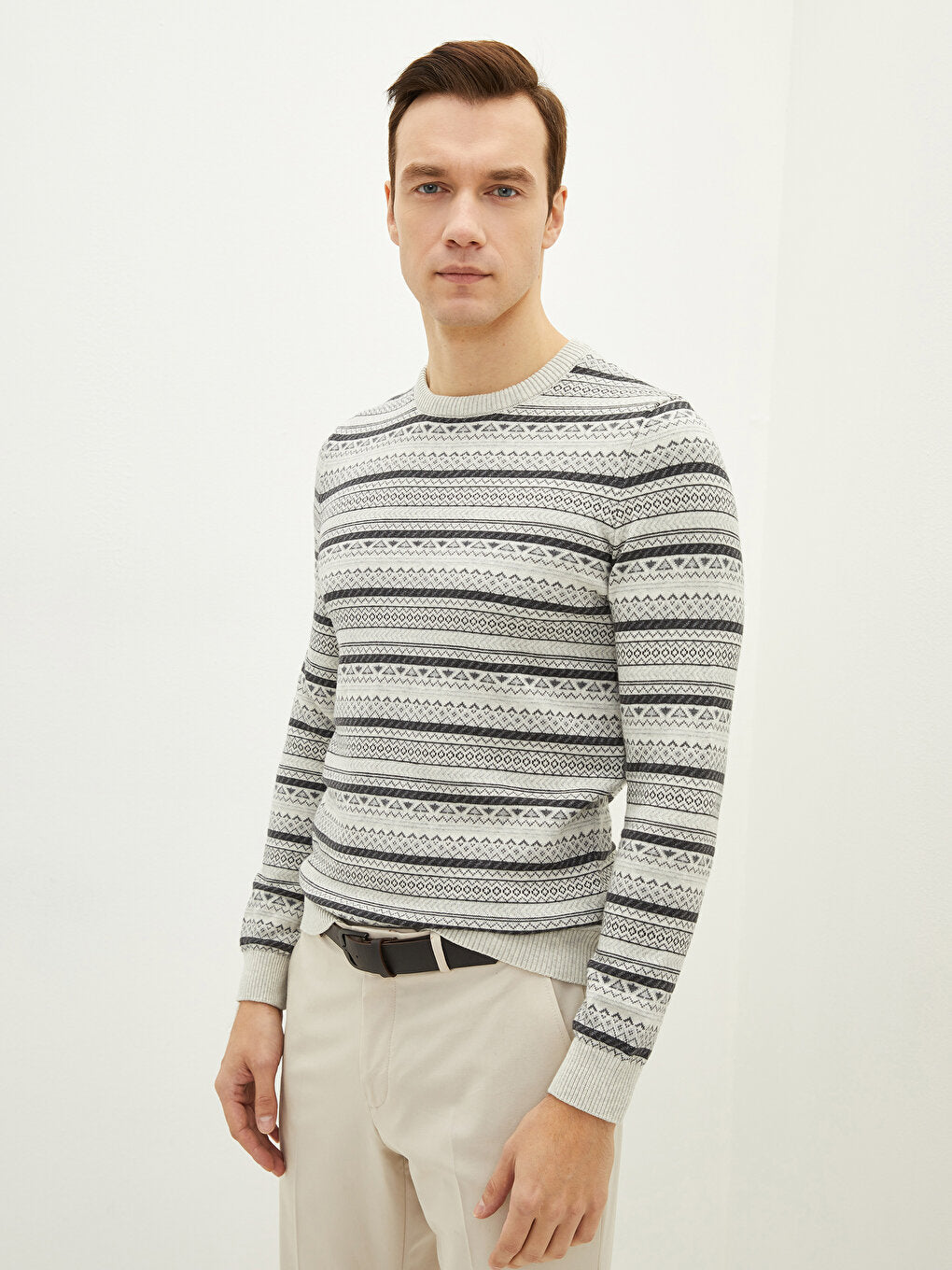 Crew Neck Long Sleeve Patterned Men's Knitwear Sweater