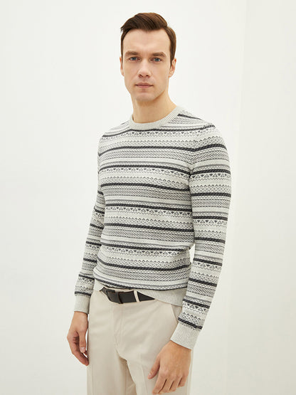 Crew Neck Long Sleeve Patterned Men's Knitwear Sweater