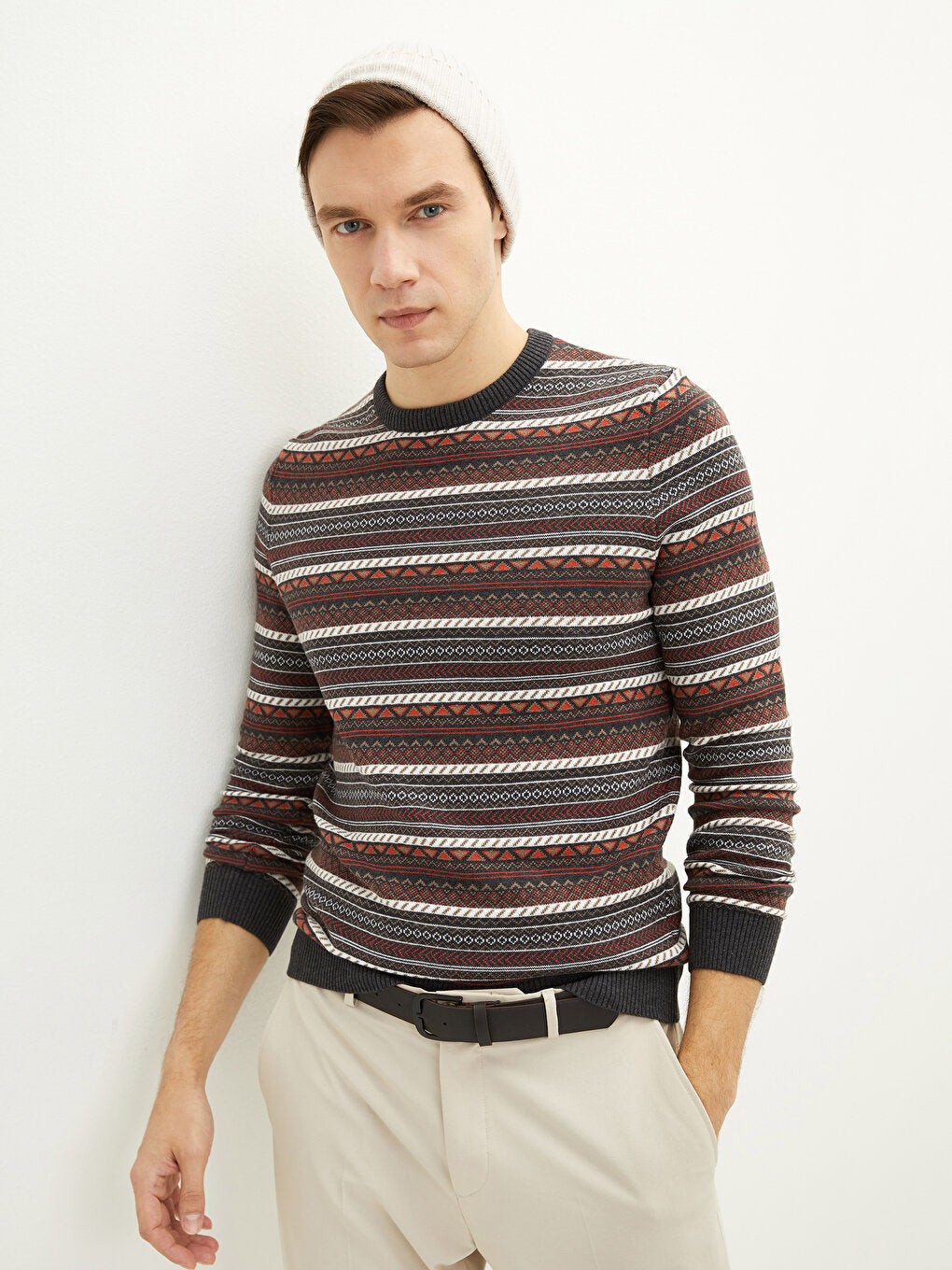 Crew Neck Long Sleeve Patterned Men's Knitwear Sweater