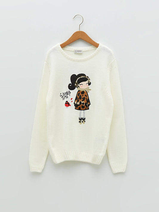 Crew Neck Embroidery Detailed Long Sleeve Girl's Knitwear Sweater