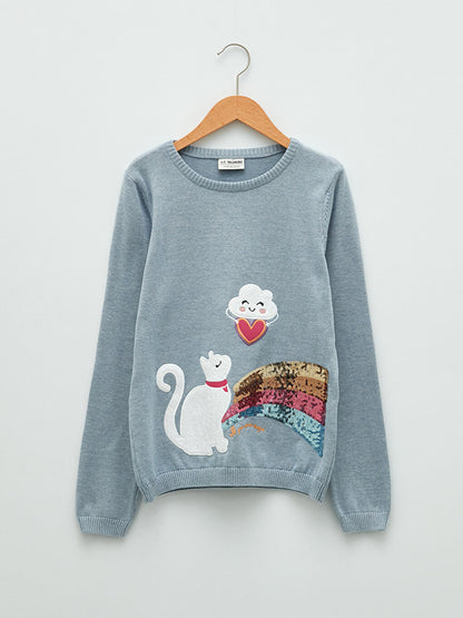 Crew Neck Embroidery Detailed Long Sleeve Girl's Knitwear Sweater