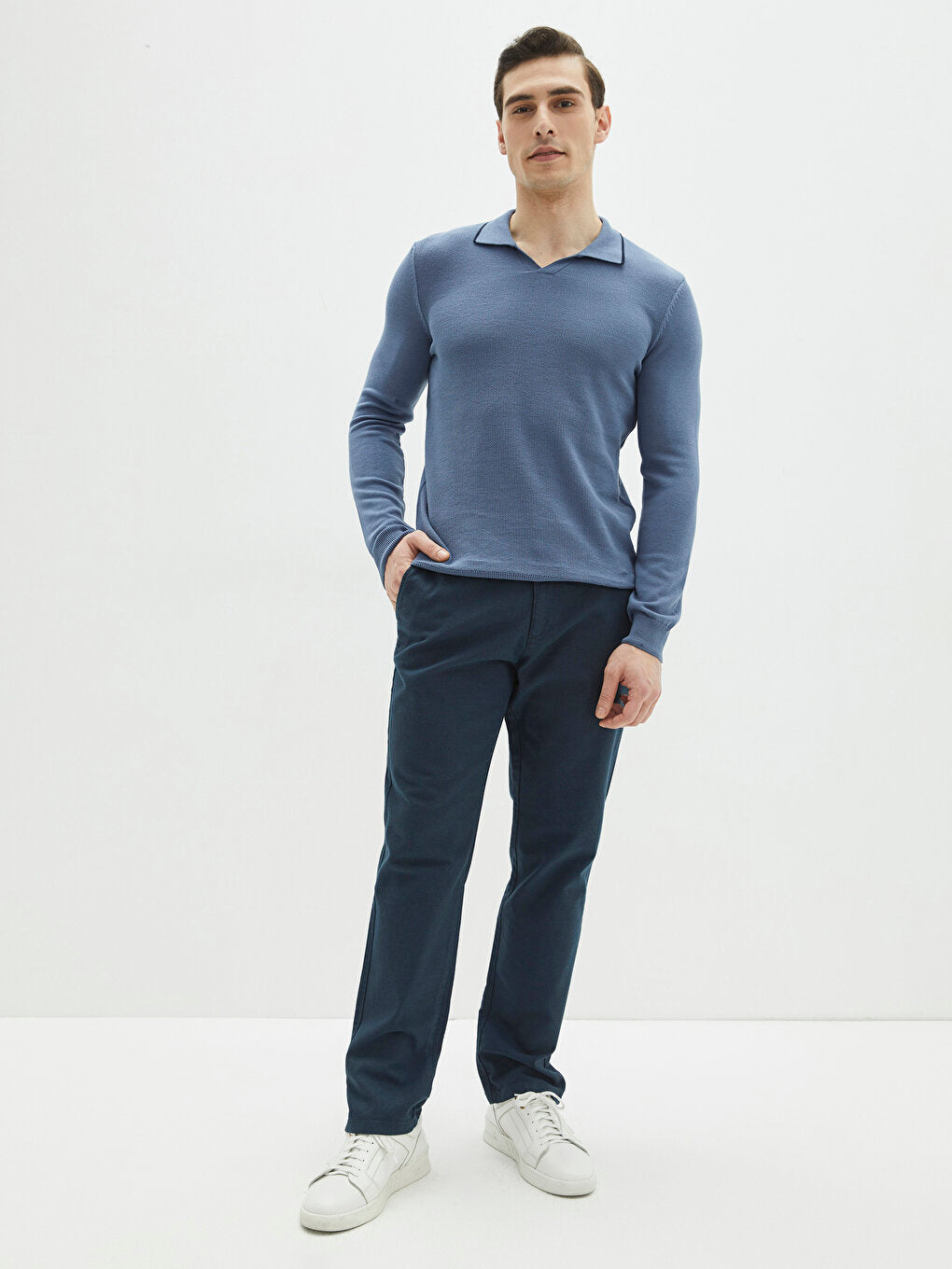 Polo Neck Long Sleeve Slim Men's Knitwear Sweater