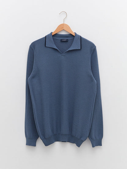 Polo Neck Long Sleeve Slim Men's Knitwear Sweater