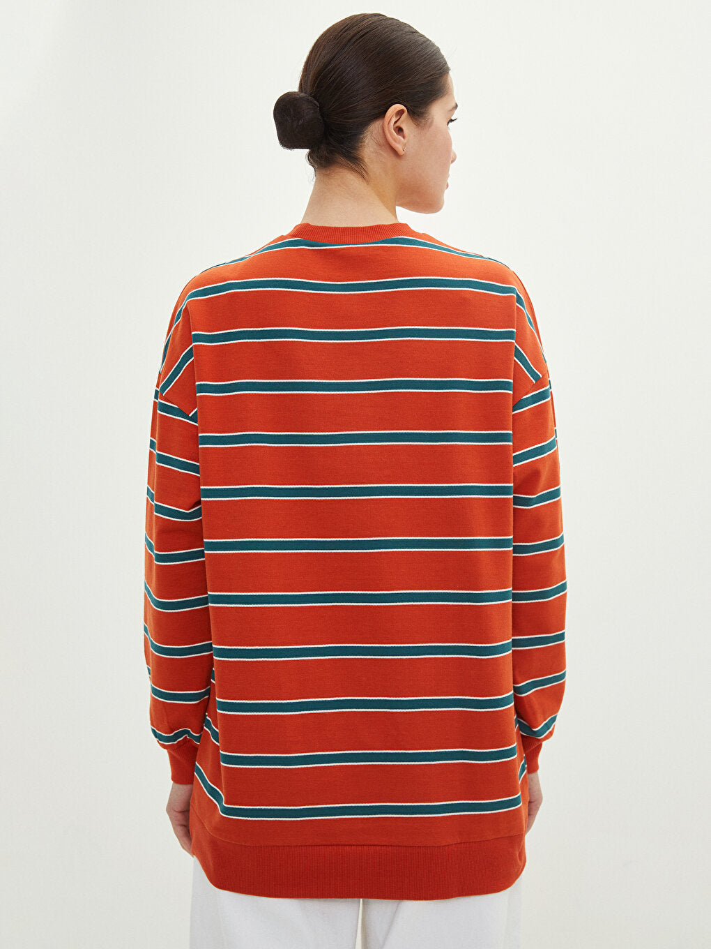 Crew Neck Striped Long Sleeve Oversize Cotton Women's Sweatshirt Tunic