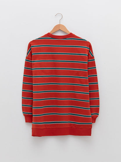 Crew Neck Striped Long Sleeve Oversize Cotton Women's Sweatshirt Tunic