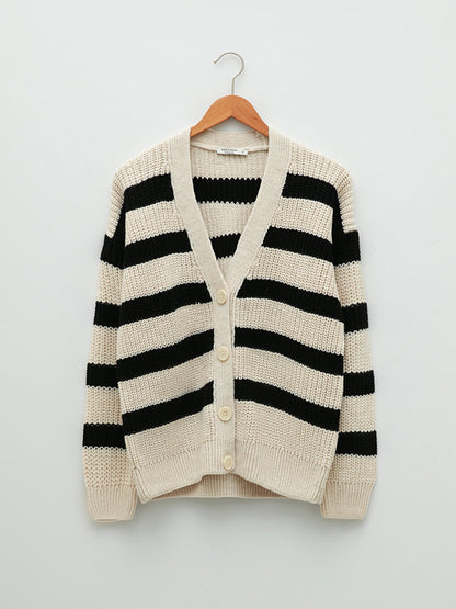 V-Neck Striped Long Sleeve Women's Knitwear Cardigan