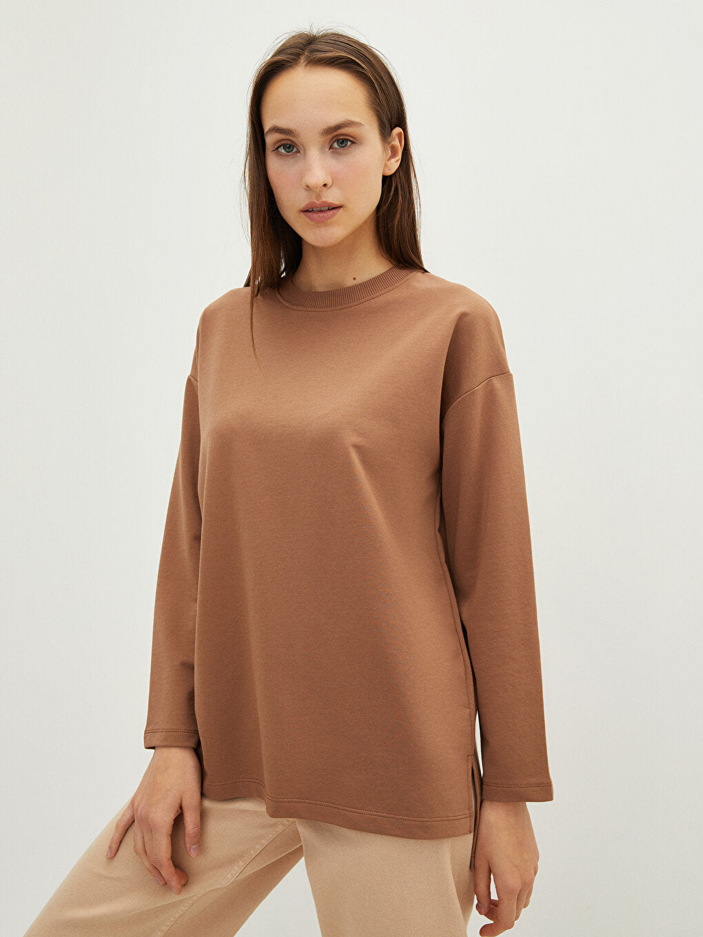 Crew Neck Plain Long Sleeve Women's Sweatshirt Tunic