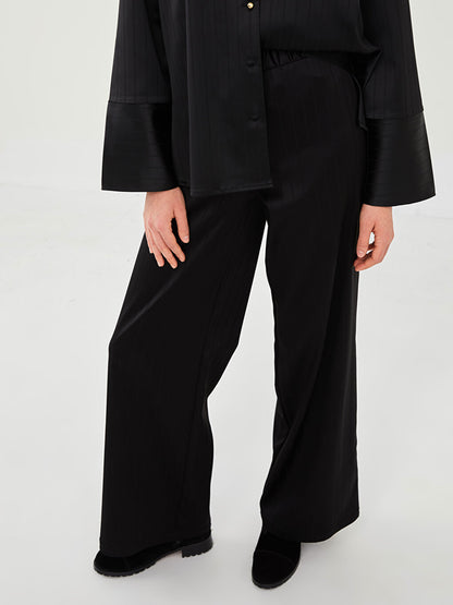 Straight Wide Leg Satin Women's Trousers with Elastic Waist