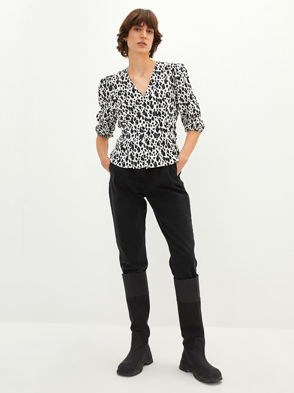 Double Breasted Collar Patterned Women's Shirt