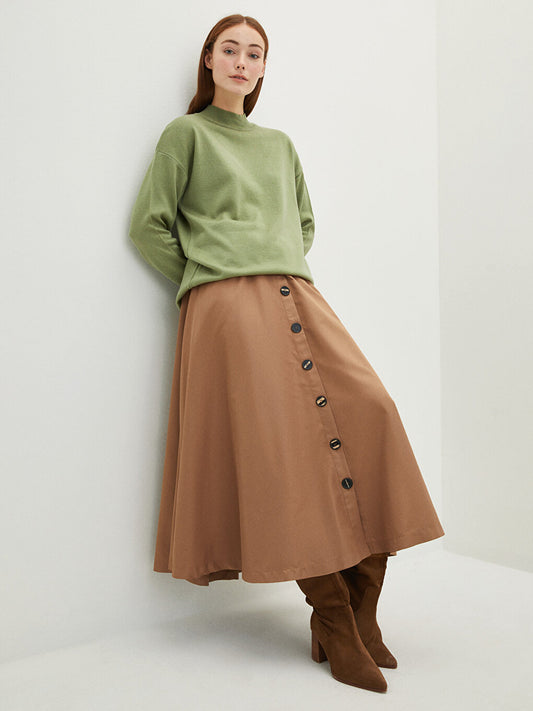 Women's Skirt with Elastic Waist Straight Front Button Detail