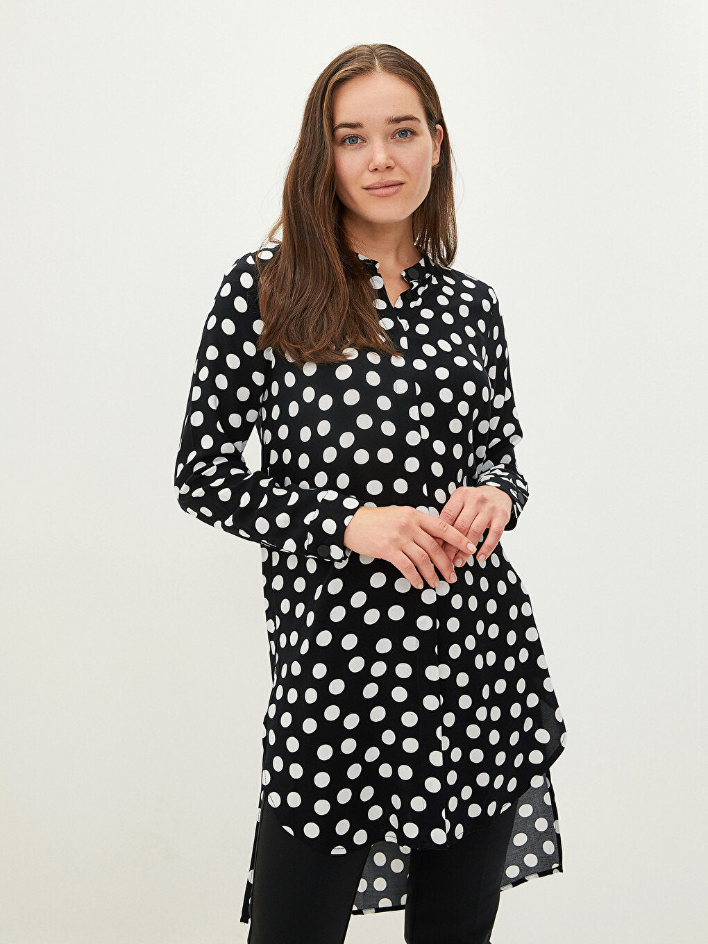 Crew Neck Polka Dot Patterned Long Sleeve Viscose Women's Tunic