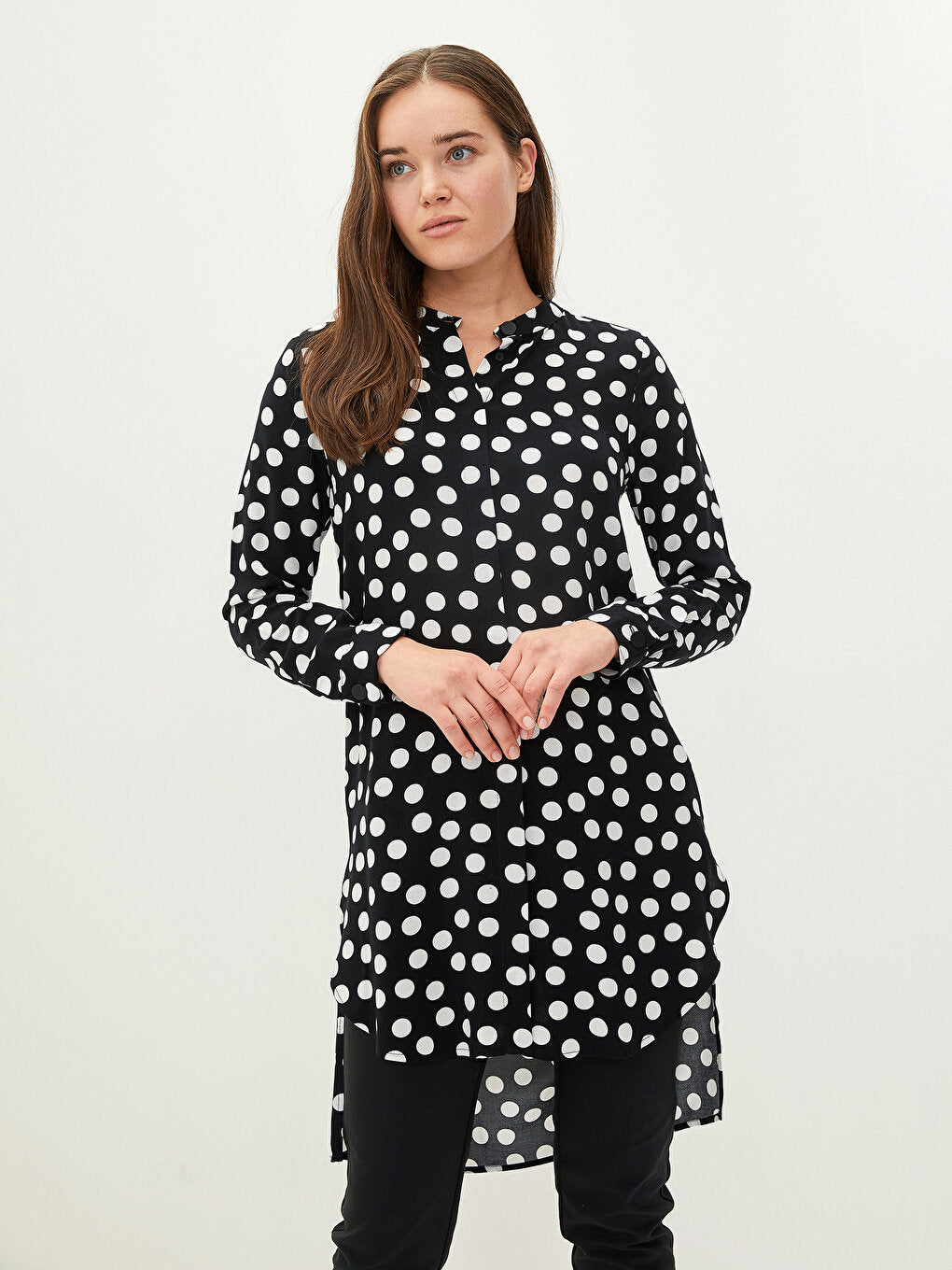 Crew Neck Polka Dot Patterned Long Sleeve Viscose Women's Tunic