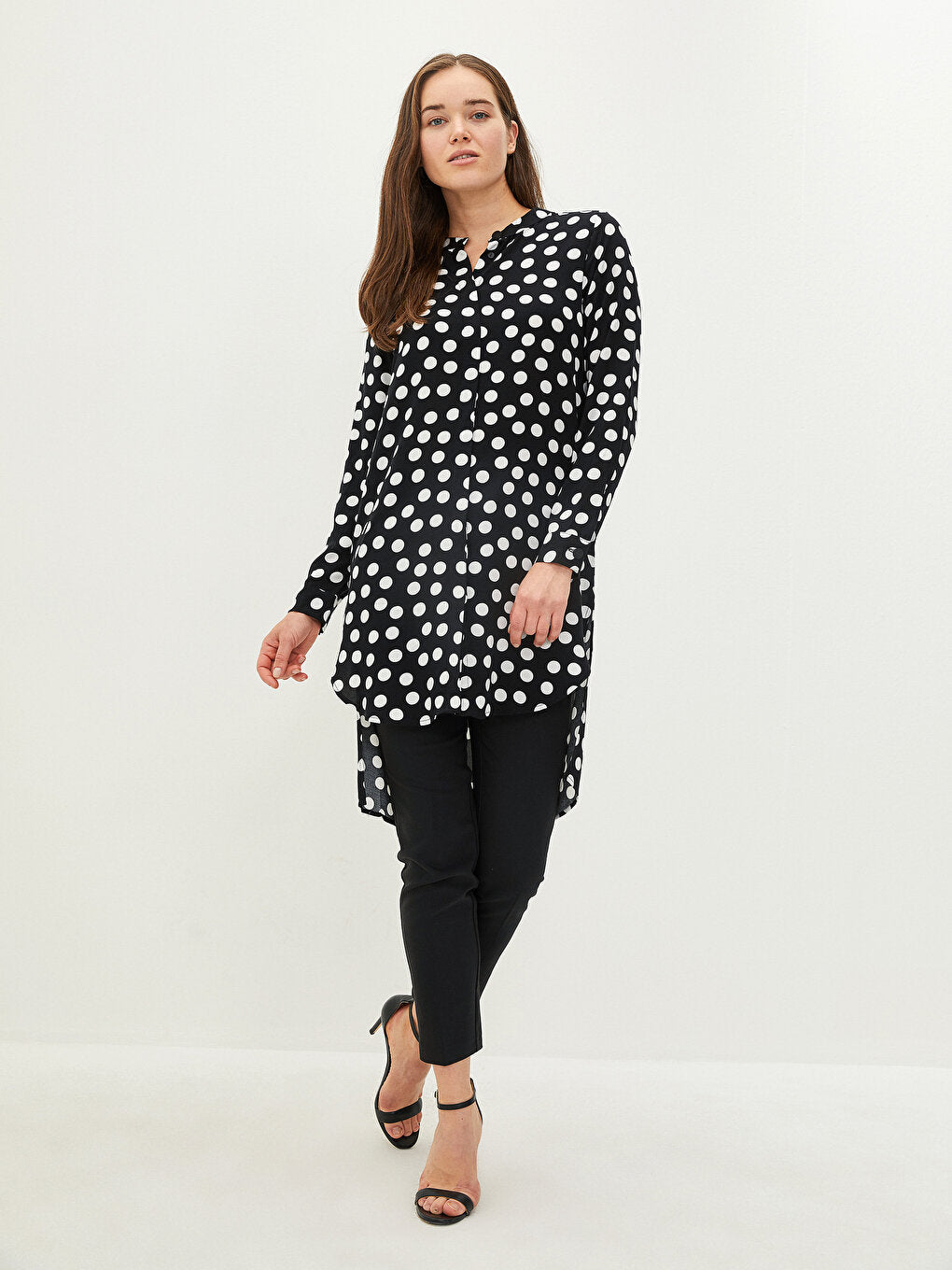 Crew Neck Polka Dot Patterned Long Sleeve Viscose Women's Tunic